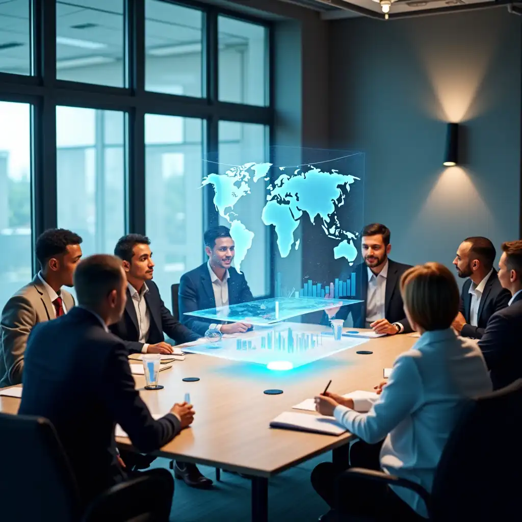 Group of people standing around display of video screens representing business consulting services for South African SMEs