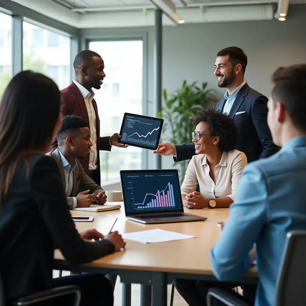 Business professionals working with laptops in collaborative environment for strategic consulting